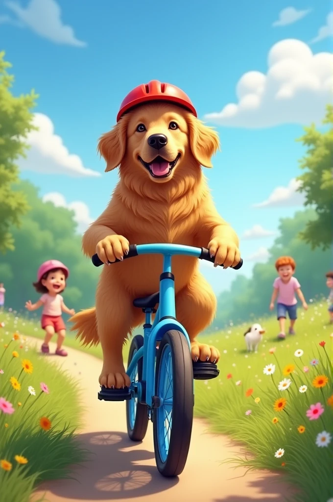A dog rides a bike with a helmet