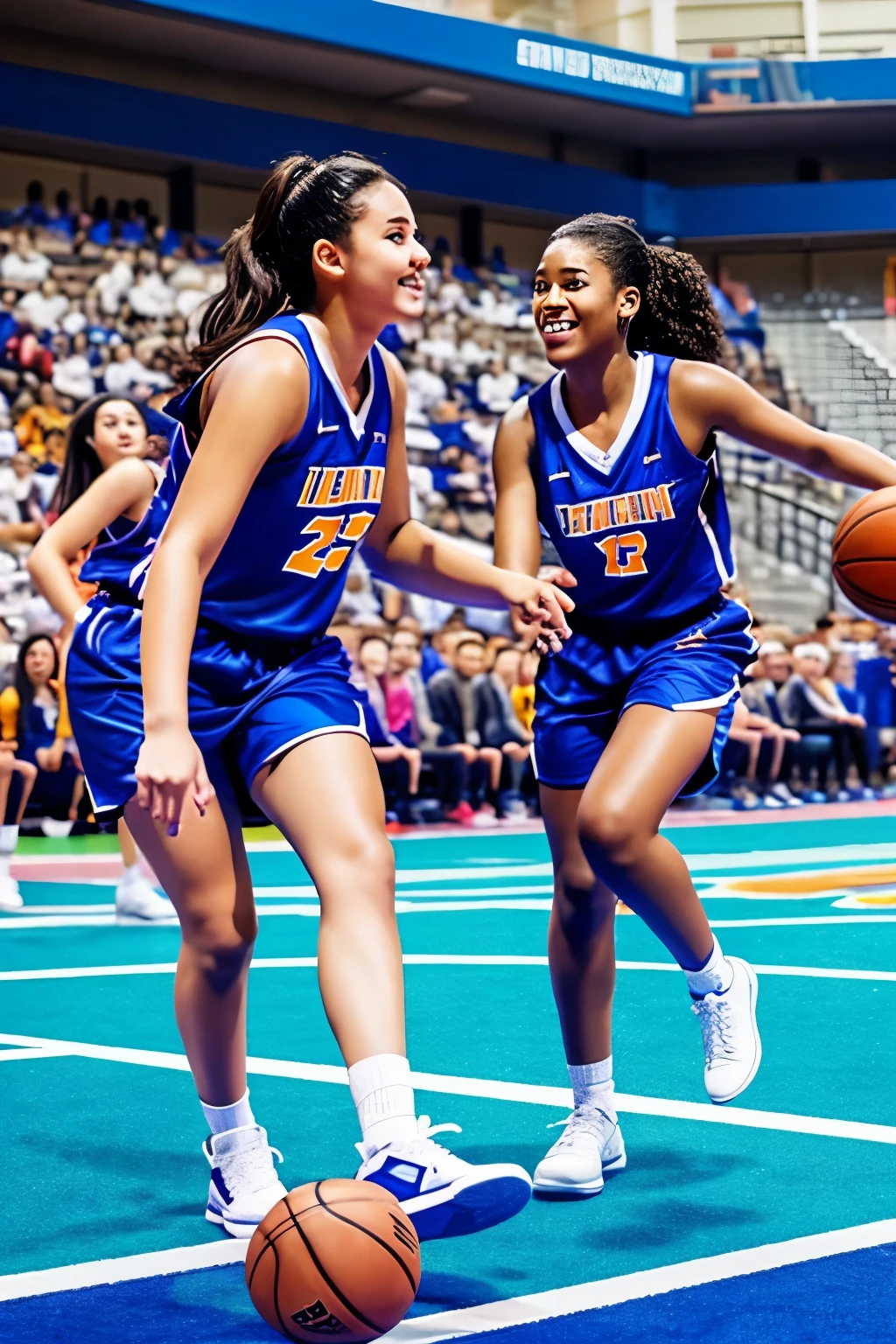 College girl group basketball playing on field  captain of beautiful girl