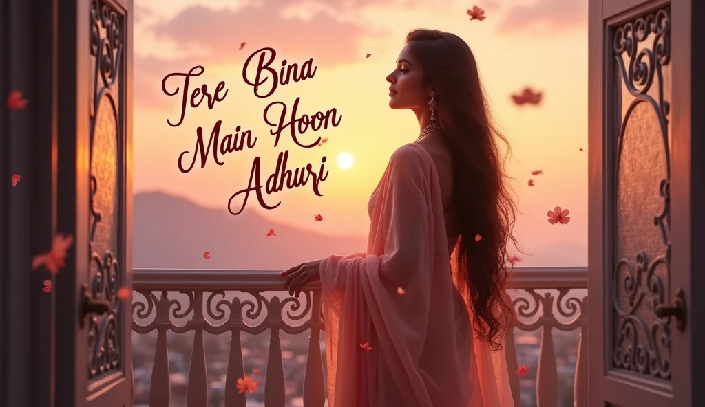 For the thumbnail, imagine a romantic and dreamy Bollywood-style image that captures the essence of the song "Tere Bina Main Hoon Adhuri." Here's a detailed prompt:
---
**Thumbnail Prompt:**
A young, beautiful Indian woman with long, flowing hair, dressed in an elegant, pastel-colored saree. She stands on a picturesque balcony at dusk, overlooking a serene landscape with a soft pink and orange sky. Her expression is a mix of longing and hope as she gazes into the distance, lost in thoughts of her love. The scene is gently illuminated by the warm, golden light of the setting sun. Around her, delicate flower petals float in the breeze, adding to the romantic atmosphere. In the background, faint outlines of mountains or a distant city skyline create depth. The title "Tere Bina Main Hoon Adhuri" is written in stylish, cursive Hindi script, with soft glow effects to make it stand out against the dreamy backdrop.
---
This image should evoke the feeling of love, longing, and the beauty of a romantic connection.