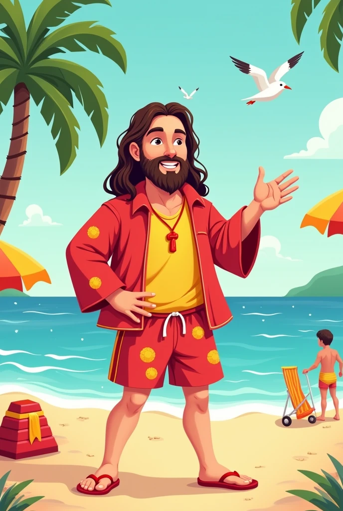 Create a blouse pattern Theme: Jesus saves lives.
Coloque jesus lifeguard dress e coletes.

Observation: I want a cute Jesus cartoon, I want him at sea, without glasses, lifeguard dress. 
put the theme 