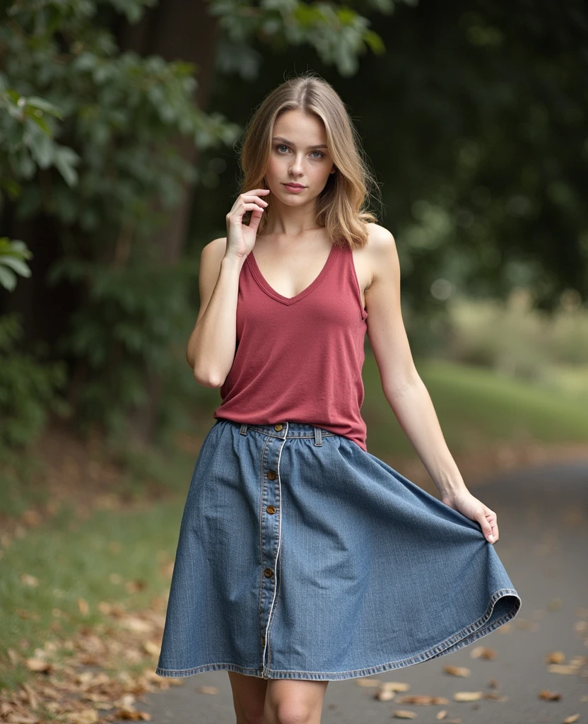 Beautiful woman, In skirt, head on
