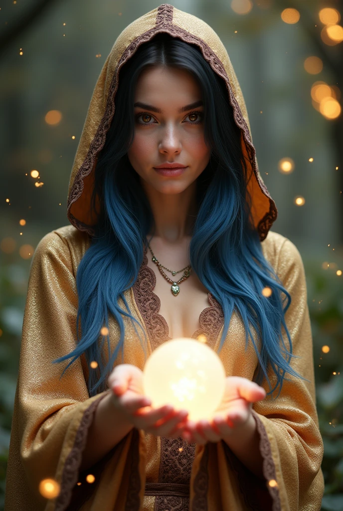 brunette woman. Looks 50 years old, Black hair highlighted with blue. eyes browns . thin lips , Oval face. affectionate look.Dressed in shiny gold hood with brown lace, around you shine little fireflies and little fairies. The image shows this magician performing magic with her hands from which white energies emerge, forming a circular ball of light in a spiral shape with white glowing dust in front of her..