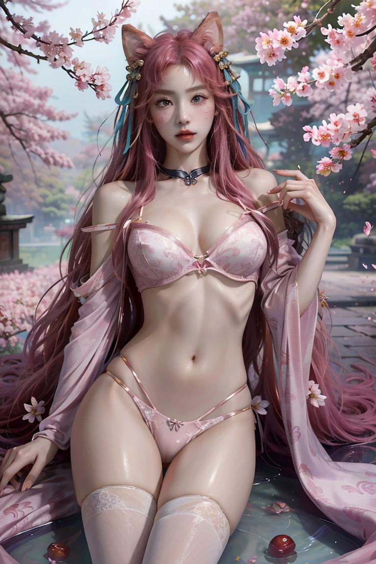 ink hair,gradient hair,longhair ,pink pupil, alternate hairstyle, sexy,Big ,cleavage,exposed,translucent clothes,fox ears, three tailed fox,(((Sexy lingerie)))、twintails.、Belly button and lower chest are visible、shiny skin、((Shy face))、((Blushed))、(tearful eyes)、cry、(((A temple filled with cherry blossoms)))、((Exquisite picture)),(Masterpiece detailed RAW photo:1.25), (best quality:1.6), (Ultra-high resolution:1.5), (actual:1.75), 8K resolution, Canon EOS R5, 50 mm, Super detailed,movie lighting、((Sexy tong))