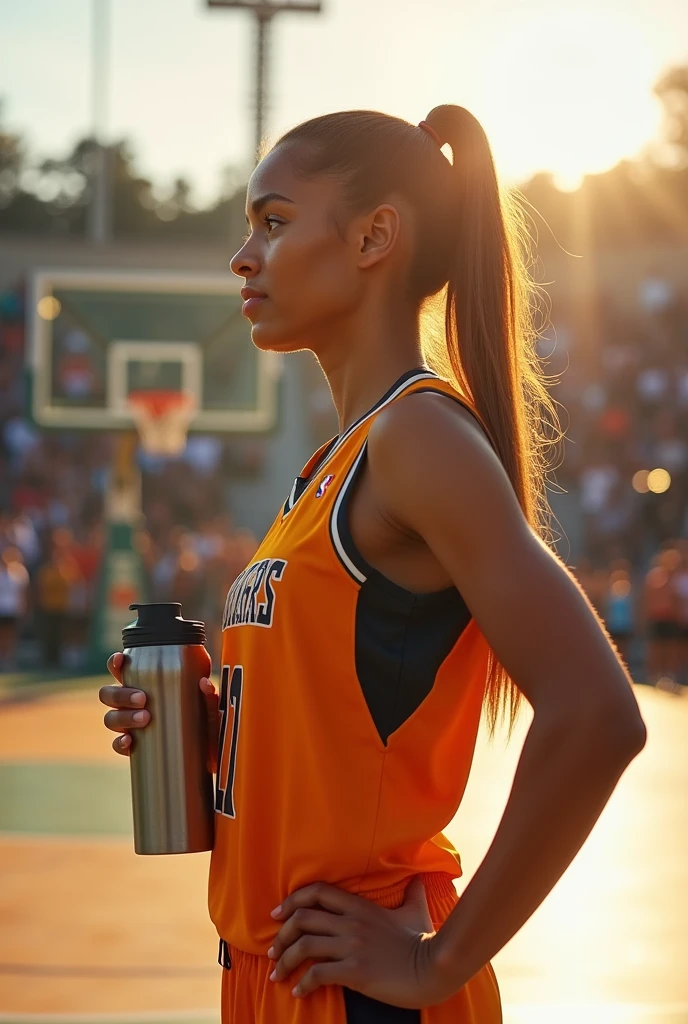 1 girl standing, wearing a basketball jersey, very detail, realist, holding the steel thermos with filter , 27 years old, by the wide