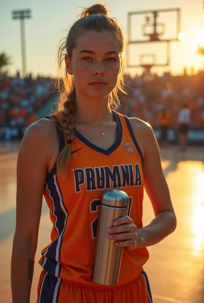 1 girl standing, wearing a basketball jersey, very detail, realist, holding the steel thermos with filter , 27 years old, by the wide
