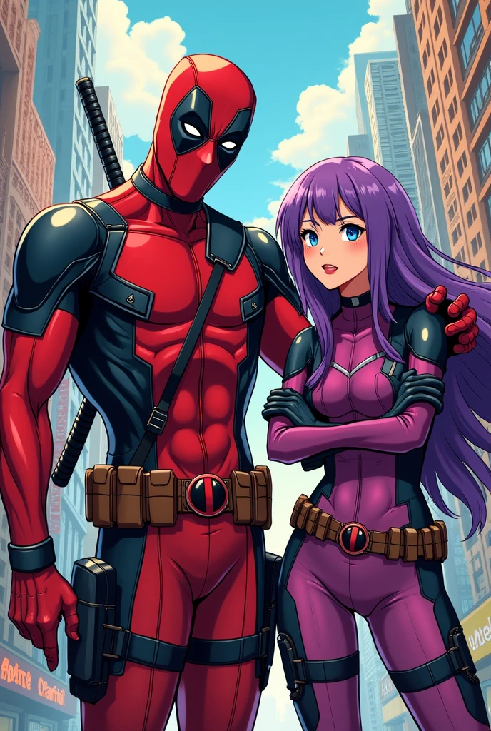  Deadpool in love and in funny poses looking at the camera in comic style next to a girl with purple hair and blue eyes in anime and comic poster style