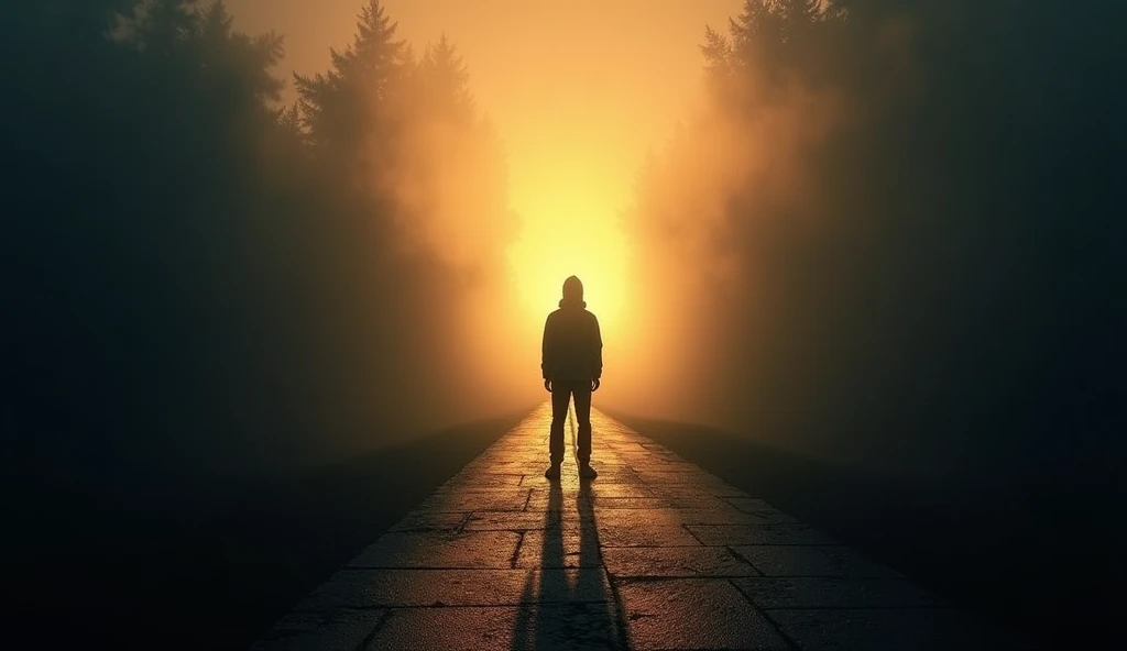 A macro photo of a person&#39;s silhouette at a crossroads, with one path well lit and the other shrouded in shadows. Contrasting lighting symbolizes life choices and the importance of privacy in guiding the journey. The focus should be on the contemplative posture of the silhouette and the decisive moment of choosing a path..--ar 16:9