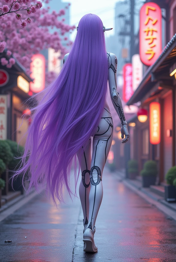 Fullbody, very very long hair purple a woman dressed in a white and purple outfit, rei hiroe, beautiful android woman, kai'sa, female mecha, as a retro futuristic e, rinko kawaichi, kusanagi, hiyao miyazaki, as a retrofuturistic heroinuya ōtsutsuki, still from tv anime, ayaka cosplay, japanese lightning goddess, pose random, skirt, background street city japan, walking