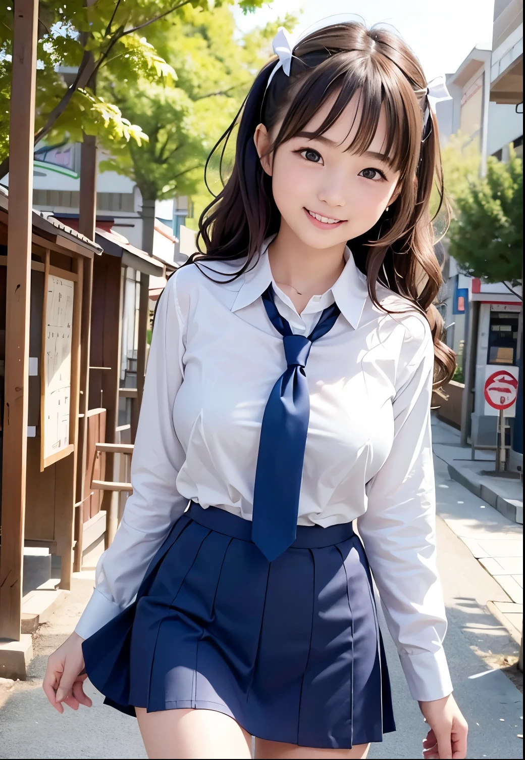 (Highest quality,masterpiece:1.3,Ultra-high resolution),(Very detailed、Caustics) (Realistic:1.4, RAW shooting、)Ultra-Realistic Capture、Very detailed、Natural skin texture、masterpiece、(A Japanese  girl wearing a white shirt and a navy blue micro mini skirt:1.3)、Adorable expression、Expressions of happiness、10 years old、heigby Face、Pure girl、Amazinglyn tail hairly Hair、Ribbon tie、Black Hair、Large Breasts、Shining thighs、Shining ass、Shooting on the main street of a tourist spot、Summer early morning、Background details、smile、An inviting gaze、(Anatomically correct)、Cowboy Shot、Attention to detail、