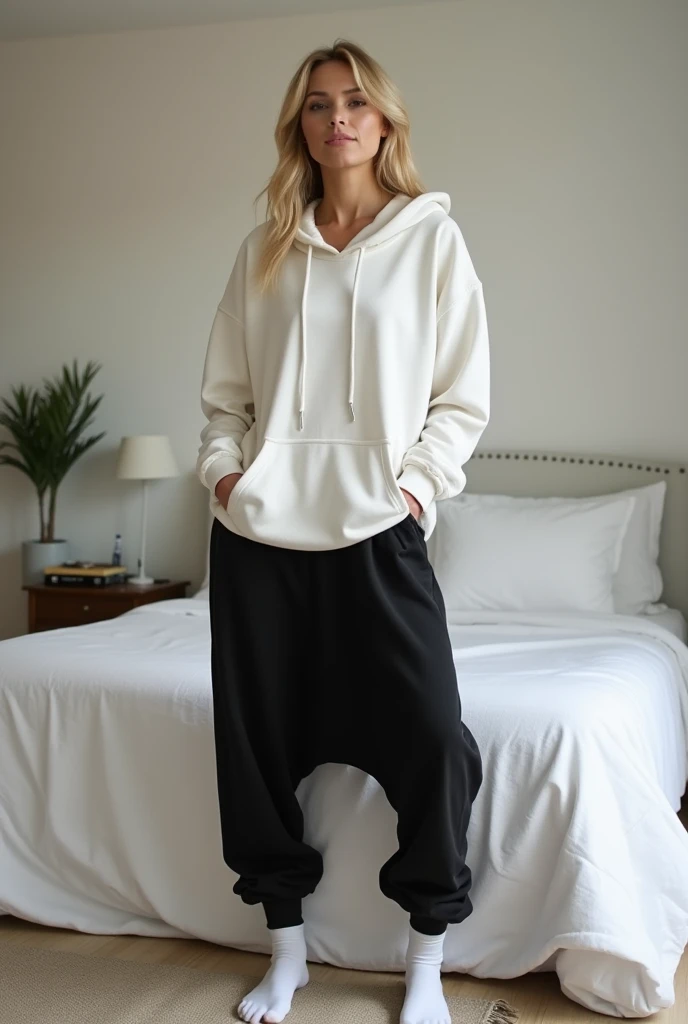 Hot blonde 40 year old woman standing in bedroom wearing white hoodie and black toga pants and white socks. Show legs and feet with white socks