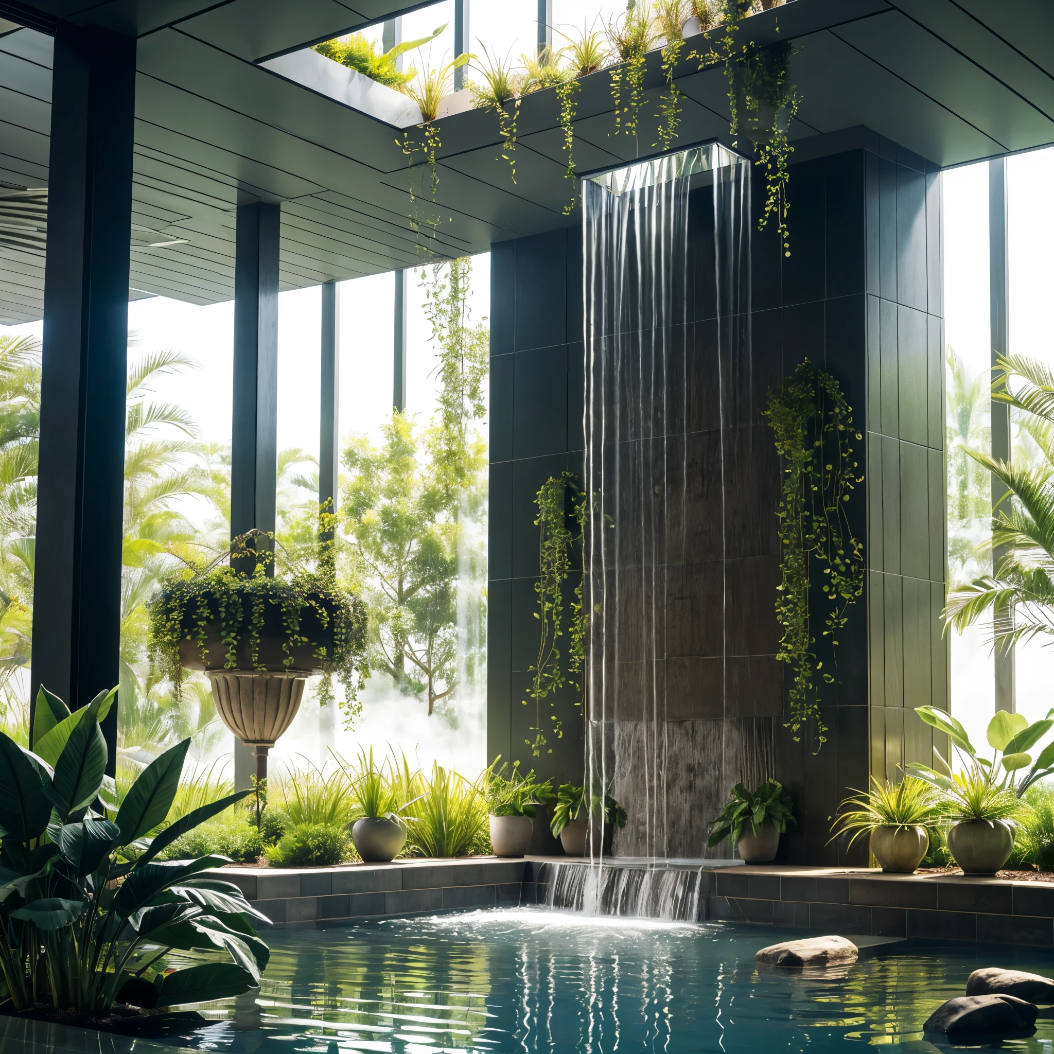 beautifully designed water wall, intricate cascading water patterns reflecting soft ambient light, stylish potted greenery strategically placed around the water wall, adding a touch of natural elegance, the scene exudes tranquility and refinement, gentle mist from the water creating a serene atmosphere, detailed textures in both the water and the surroundings, modern architectural elements in the background,