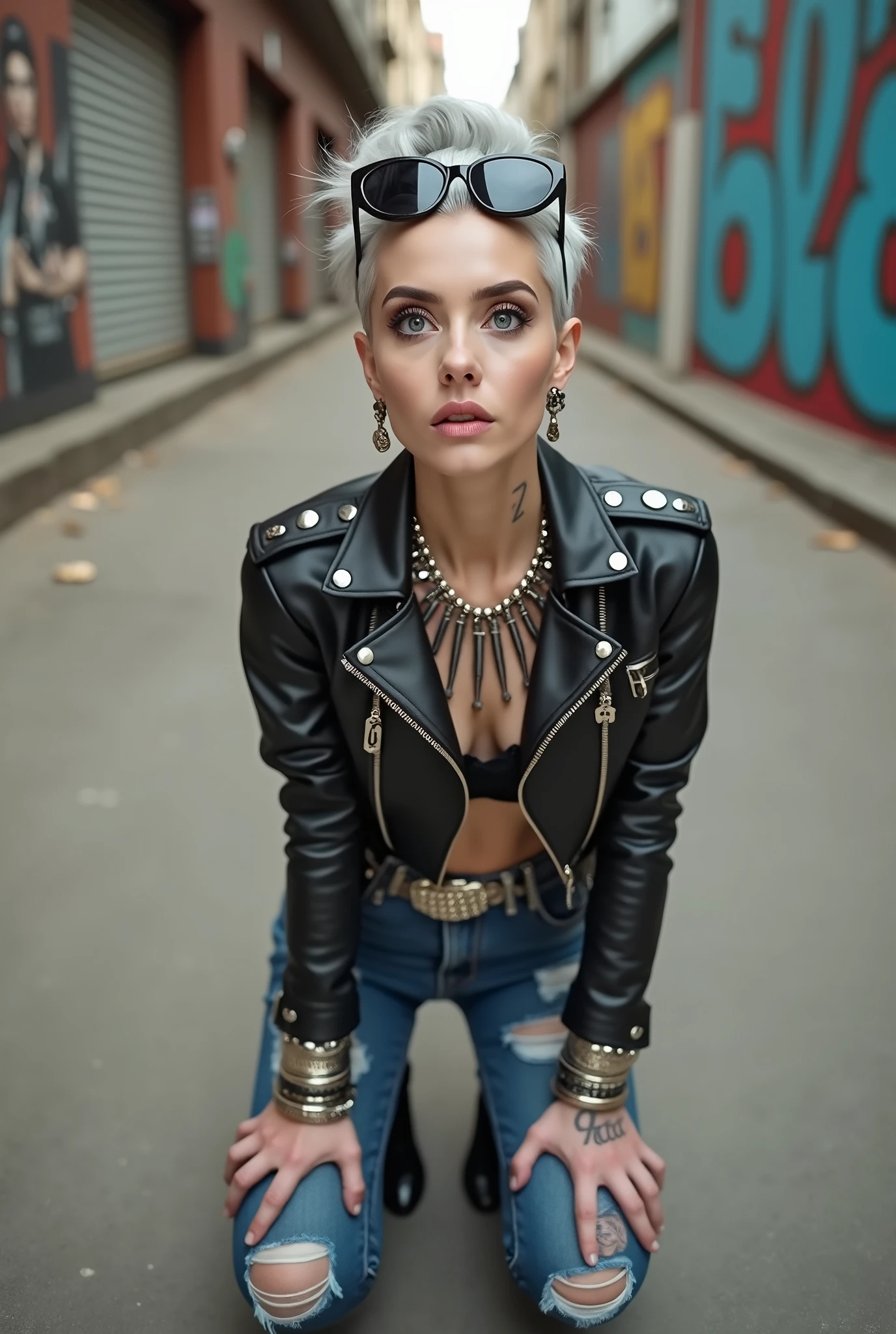 russian old milf woman, grey hair (top bun, shaved sides) and sunglasses as headband (big maxi sunglasses), with very light blue eyes, extremely pale. Wearing cropped padded black moto jacket with lots of zippers and badges on jacket flaps, cropped t-shirt with big motorcycle club logo, dark blue jeans with holes and pointy Chelsea boots with cuban heels . Silicone breasts. Lots of metallic bracelets, long pendants and lots of collars. Tacky leather belt with oversized chanel buckle. Long earrings. Kneeling, looking at the camera, legs spread, tilted head, eyes and mouth wide open in amazement. Hands on her knees, toned abdominals, thin legs and thin arms. Tattoed chest, hands, belly and arms.