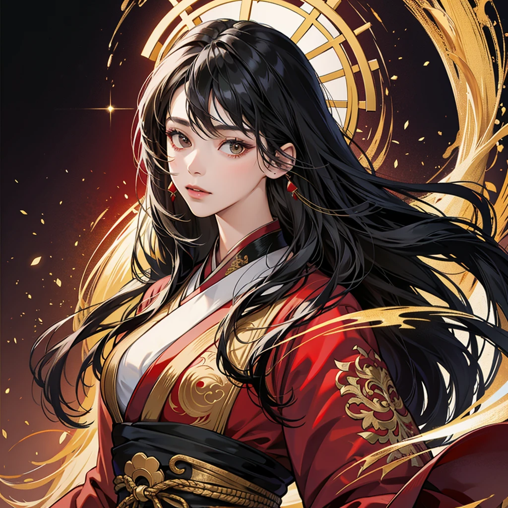 High resolution, 1 Female, alone, Hip Up, Displaying the viewer, (Detailed face), Black Hair, Long Hair, Black, red and gold Hanfu robes,Larger clothes, jewelry, Portraits during the journey