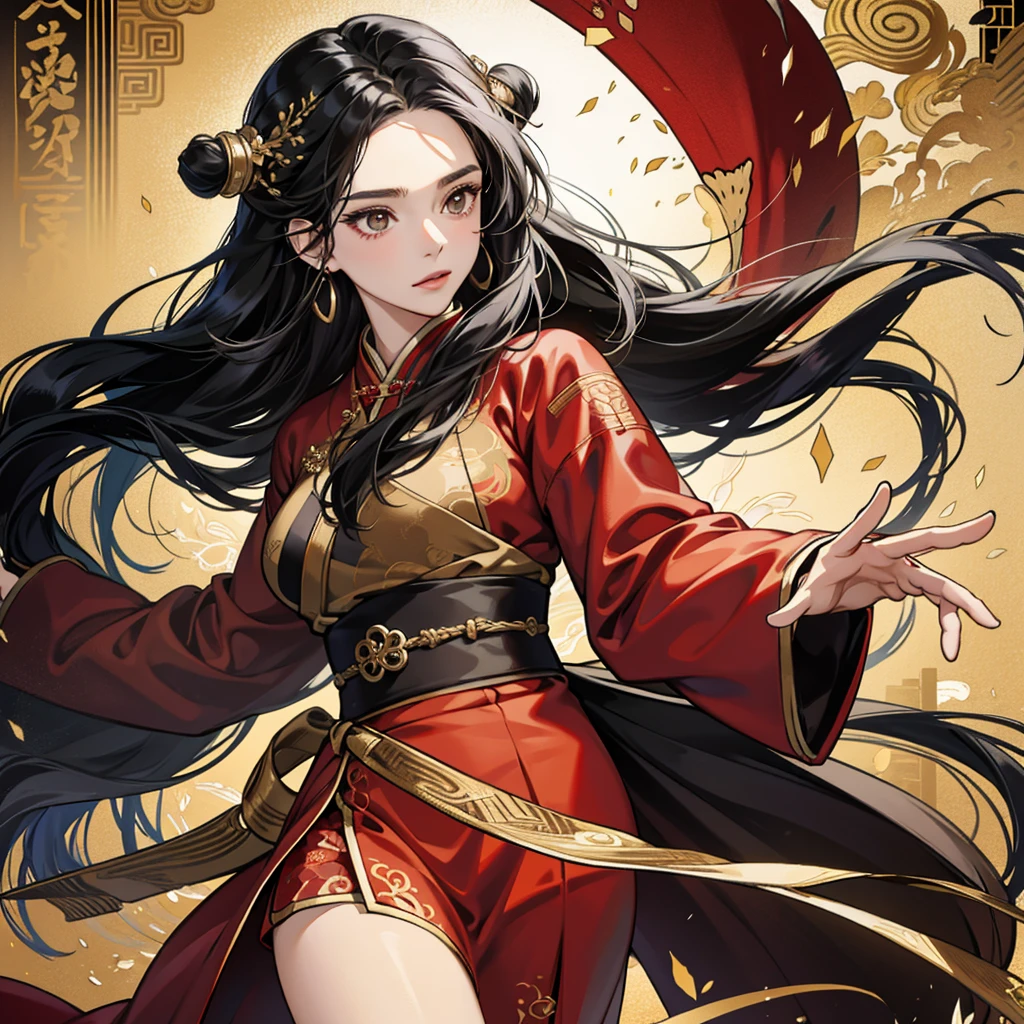 High resolution, 1 Female, alone, Hip Up, Displaying the viewer, (Detailed face), Black Hair, Long Hair, Black, red and gold Hanfu robes,Larger clothes, jewelry, Portraits during the journey