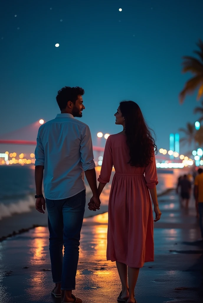 “Create a serene and romantic scene of a couple walking hand in hand along Marine Drive at night in Mumbai. The man and woman, both in their mid-twenties, are dressed stylishly yet comfortably, reflecting their personalities. The stars twinkle in the clear night sky above them, while the city lights of Mumbai create a beautiful, glowing backdrop below.
The couple walking, symbolizing the deep connection that has blossomed from friendship to love. Their expressions are peaceful and content, with soft smiles and a sense of quiet realization that their relationship has evolved into something deeper.
Marine Drive, with its iconic curve and the gentle waves of the Arabian Sea lapping at the shore, adds a touch of magic to the scene. The lights of the city reflect on the water, creating a shimmering path that complements the calm and intimate atmosphere. Emphasize the romantic and tranquil mood of the night, highlighting the couple’s connection against the backdrop of Mumbai’s enchanting nightscape.”Realistic, intricate details, vibrant colours.