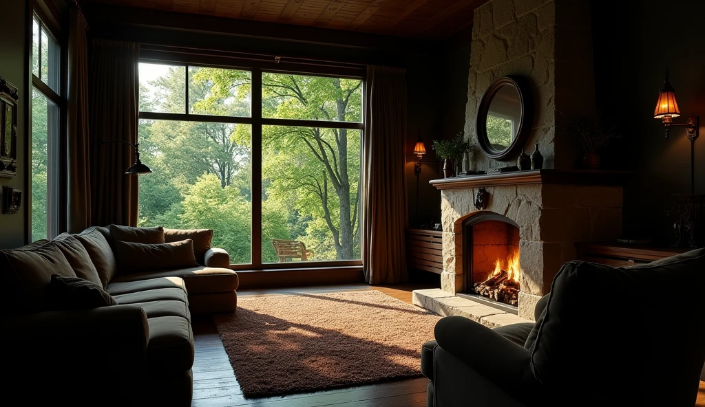 A dark, cozy room with dim, warm lighting casts soft shadows across plush furniture. The atmosphere is inviting, with a thick, textured rug covering the floor and a crackling fireplace providing gentle warmth. Large windows dominate one wall, framed by heavy, dark curtains that can be drawn back to reveal a lush, green forest just outside. Sunlight filters through the dense canopy, casting dappled patterns of light onto the windows, offering a peaceful connection to the tranquil, vibrant nature beyond.