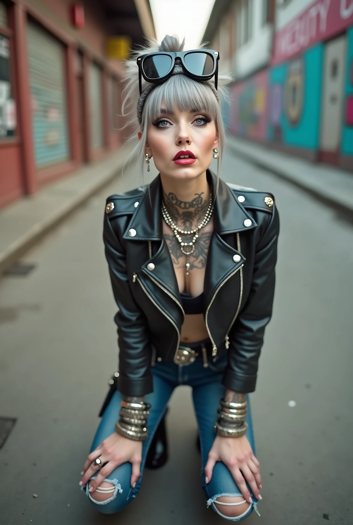 russian old milf woman, grey hair (top bun, shaved sides) and sunglasses as headband (big maxi sunglasses), with very light blue eyes, extremely pale. Wearing cropped padded black moto jacket with lots of zippers and badges on jacket flaps, cropped t-shirt with big motorcycle club logo, dark blue jeans with holes and pointy Chelsea boots with cuban heels . Silicone breasts. Lots of metallic bracelets, long pendants and lots of collars. Tacky leather belt with oversized chanel buckle. Long earrings. Kneeling, looking at the camera, legs spread, tilted head, eyes and mouth wide open in amazement. Hands on her knees, toned abdominals, thin legs and thin arms. Tattoed chest, hands, belly and arms.