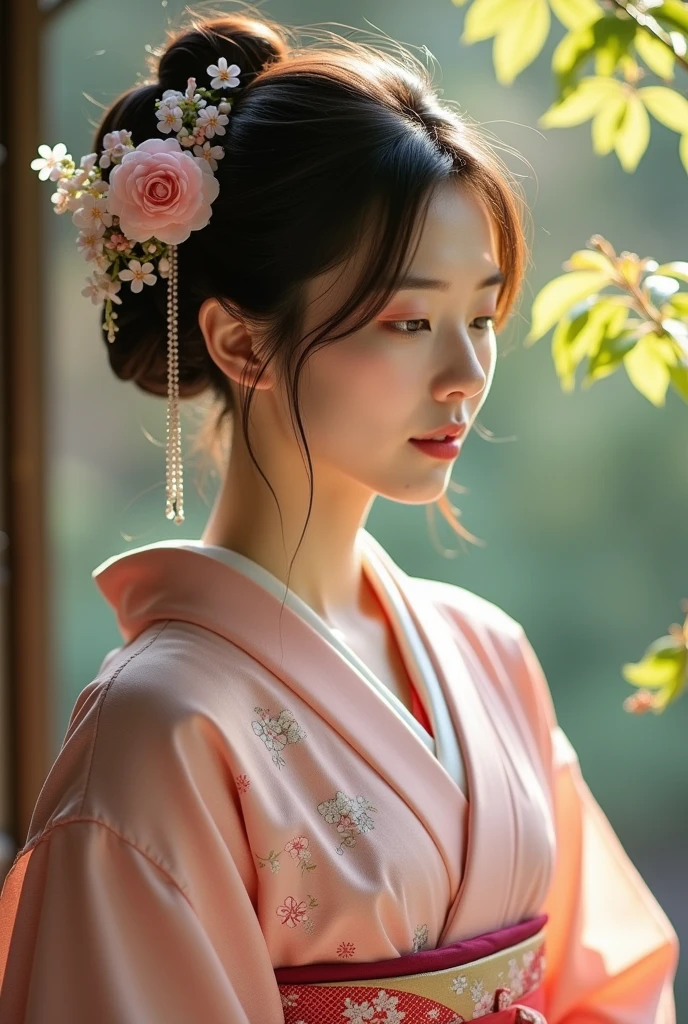 An elegantly dressed Japanese woman in natural light、A close-up of her chest and calm expression.、It shows her inner peace and outer charm.。