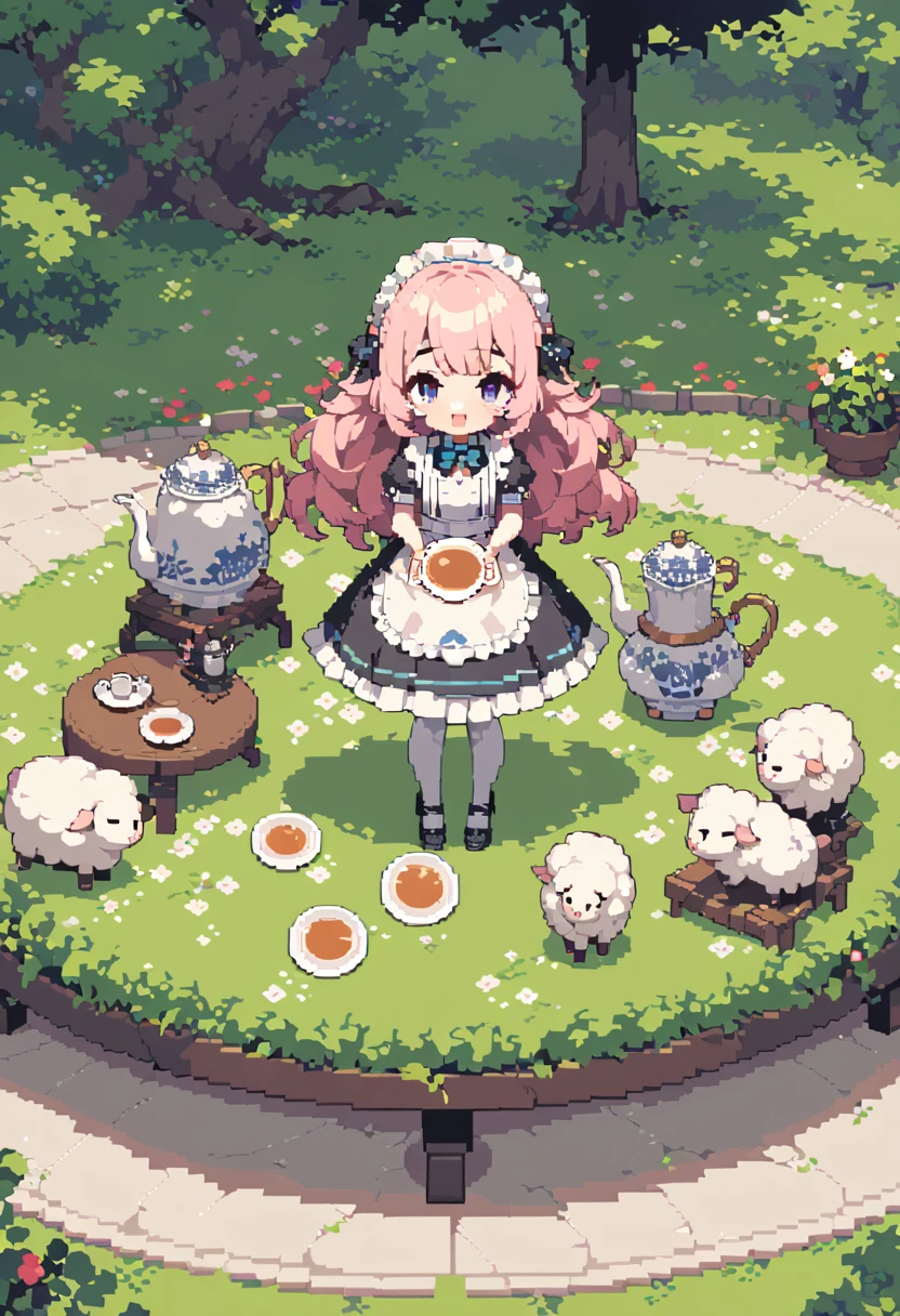 masterpiece, Highest quality, 8k, Beautiful pixel art, Vivid, Sheep, young woman, Open your mouth, ((Fluffy hair)), Long Hair, Hair like sheep's hair, Pink Hair, eyebrow, 太いeyebrow大きな目の人形1体，Maid clothes，pantyhose，Heel, garden, Round Table, Teapot, Tea utensils