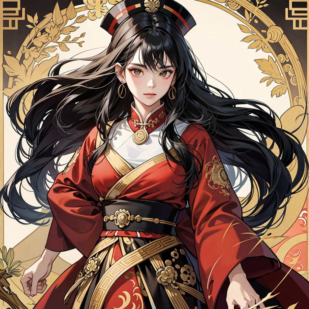 High resolution, 1 Female, alone, Hip Up, Displaying the viewer, (Detailed face), Black Hair, Long Hair, Black, red and gold Hanfu robes,Larger clothes, jewelry, Portraits during the journey