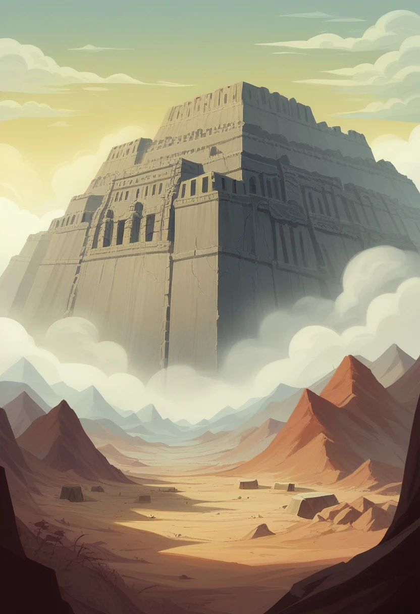 Concept art of a huge Russian knight of a stone colossus resting in a huge foggy valley. The colossal figure is partially buried in the landscape, and its ancient, weathered head rests near a fortress skillfully carved into the rock of a high mountain. The fortress, looking almost like an extension of the mountain itself, shelters a small,
secluded village,
the lights of which flicker faintly against the background of twilight. Beneath the fortress, the terrain changes from harsh rock to vast desert, where the lush oasis stands in stark contrast to the arid environment. The huge body of the colossus gradually merges with the distant mountains,
becoming indistinguishable from the jagged peaks and disappearing into the atmospheric haze.
Snow covers the highest mountain peaks and a majestic mountain range looms in the background, adding depth and grandeur to the scene. The composition radiates a fantastic quality, evoking a deep sense of awe and wonder as the viewer contemplates the ancient,
sleeping giant.
