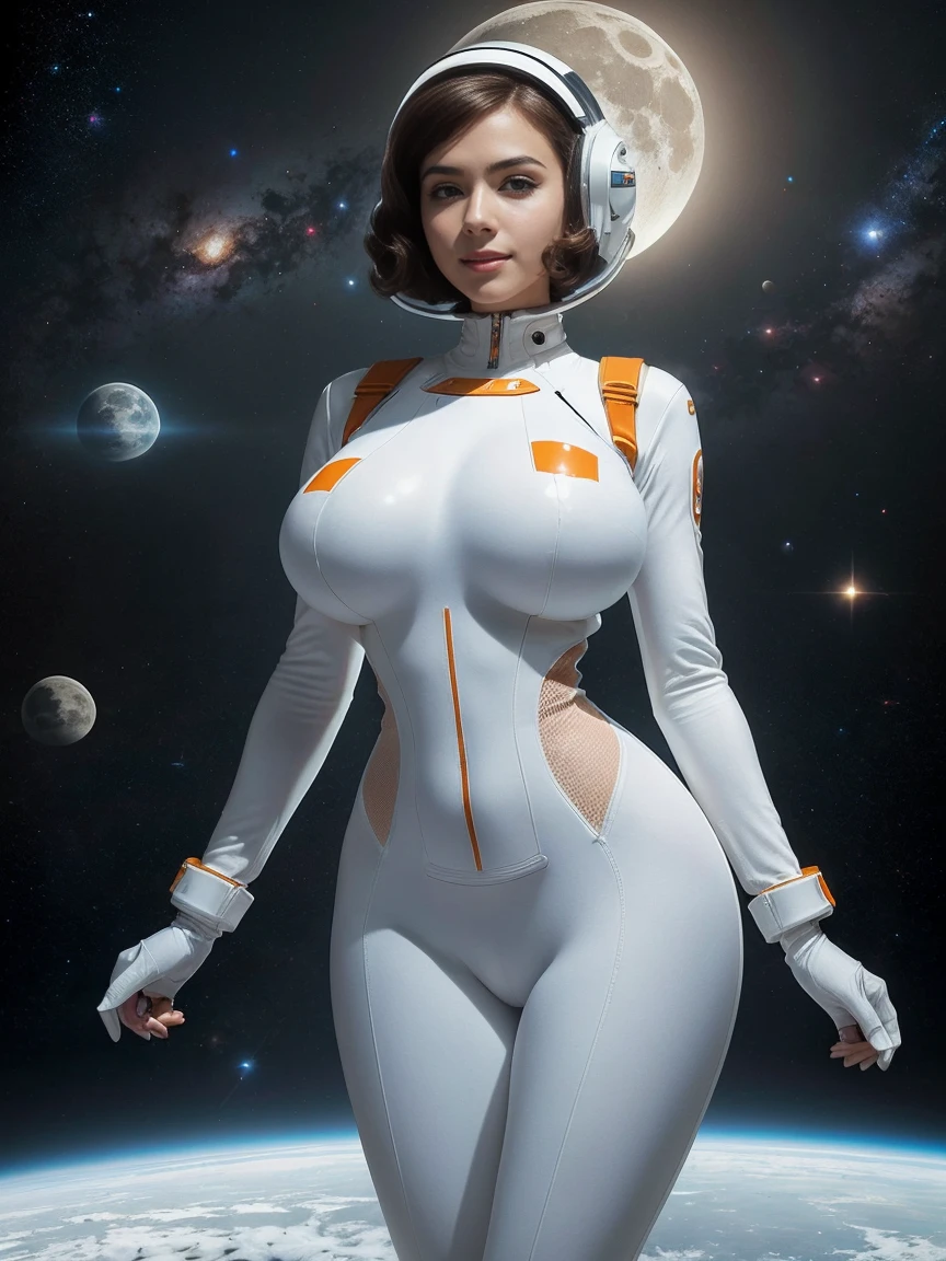 (masterpiece, top quality, best quality, official art, beautiful and aesthetic:1.2), (1girl:1.3), light freckles, fair skin, extremely detailed, portrait, looking at viewer, solo, (full body:0.6), detailed background, close up, (bright space pinup theme:1.1), busty 1950's pinup brunette space girl, charlatan, smiling, happy, mysterious, spacewalk, modest attire, white and orange space suit, spacesuit, helmet, bodysuit, ray gun, long boots, pouches, jetpack, glass helmet, rocket ship, ((((narrow hips, slim sexy body, medium breasts)))), slim waist, slim hips, long legs, futuristic (moon exterior:1.1) background, dark mysterious lighting, shadows, magical atmosphere, dutch angle,