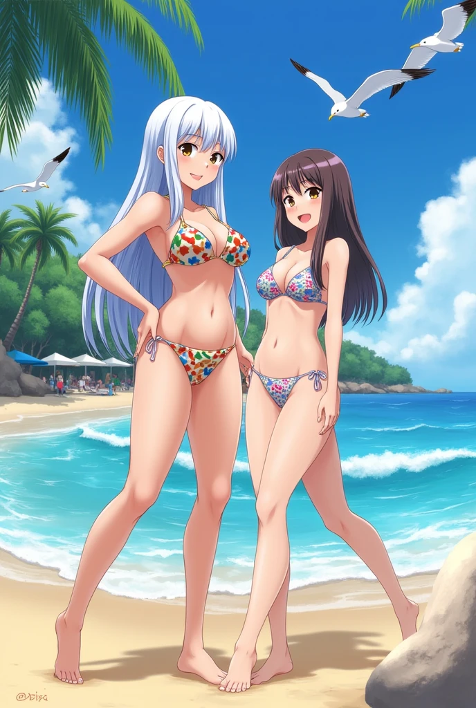 Two anime girls, one with a big ass and a bikini and the other with a full body nude
