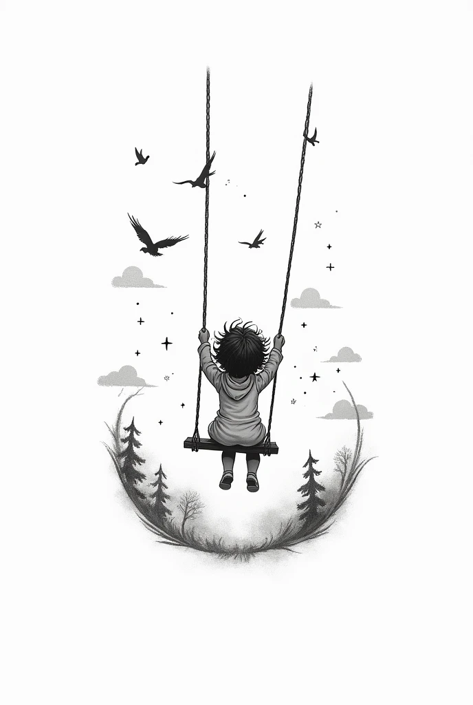 Create a tattoo that is black and white showing a CHILD swinging on a simpler but detailed canvas 