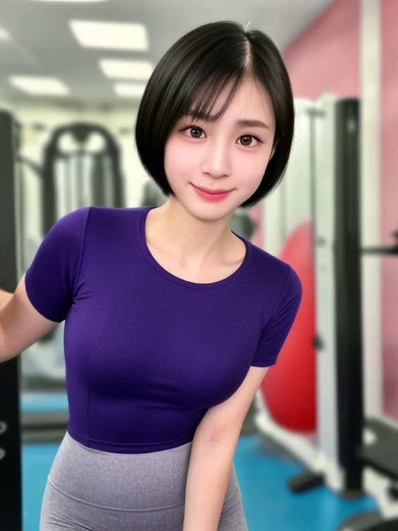 (kawaii 24 year-old Japanese girl, Nogizaka idol, Korean idol), healthy female athlete body, (glossy black hair, short hair, pixie cut, bangs:1.3), (rounded face, pure black eyes, single eyelid, no makeup, soft smile:1.2), (wearing training shirt, grey sports leggings:1.3), extra small breasts, well shaped hip, (slim waist, thigh gap:0.9), BREAK, (sports gym background:1.3), (looking at viewer, dynamic angle, close shot:1.2), BREAK, (masterpiece, best quality, photo realistic, official art:1.4), (UHD, 8K quality wallpaper, high resolution, raw photo, golden ratio:1.3), (shiny skin), professional lighting, physically based rendering, award winning, (highly detailed skin, extremely detailed face and eyes, anatomically correct body), Carl Zeiss 85 mm F/1.4, depth of field, 1girl, solo,