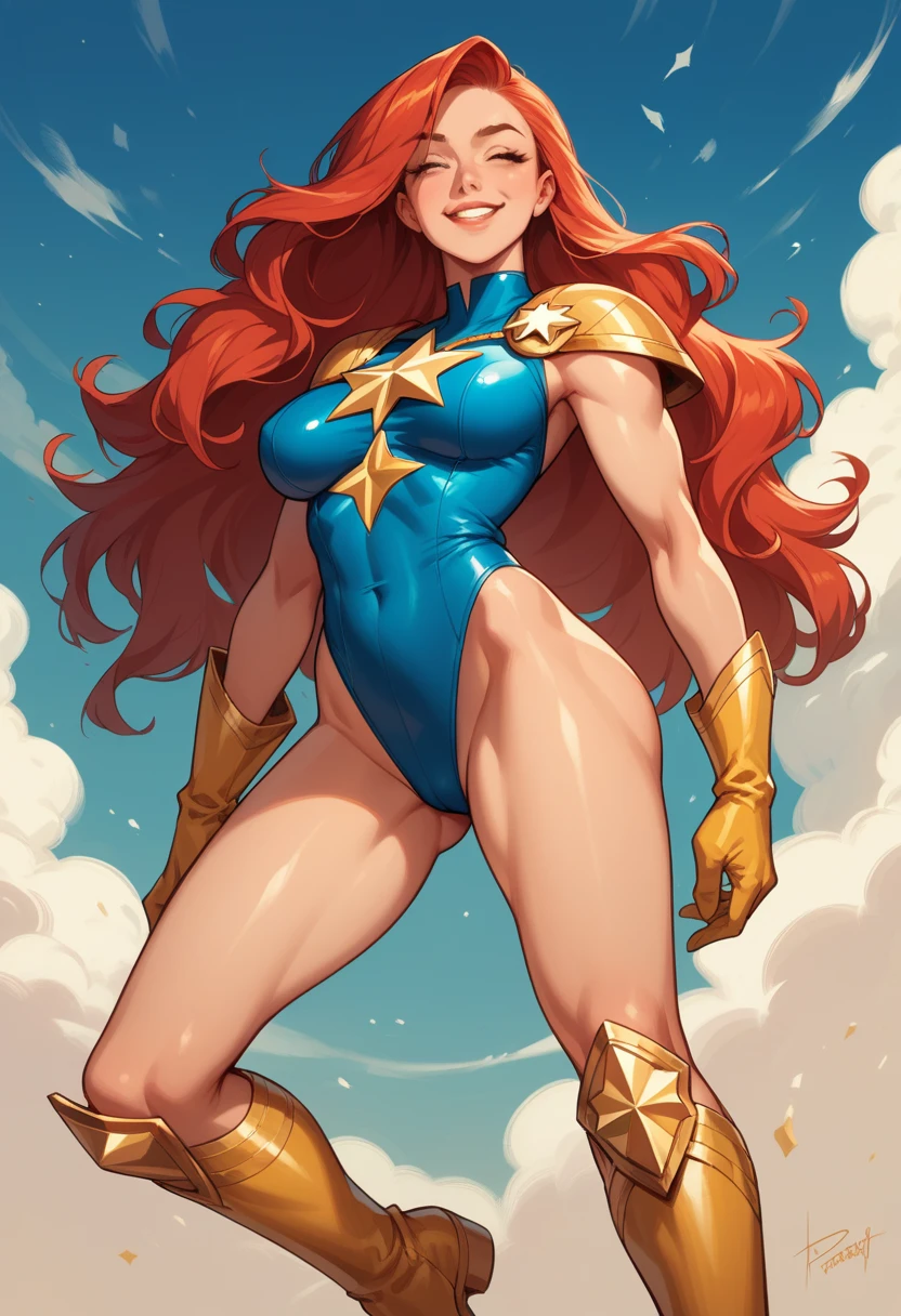 score_9, score_8_up, score_7_up, score_6_up, score_5_up, score_4_up, Sexy, Superheroine, Red hair, long hair, busty, ((blue highleg leotard with a t-back thong and a gold star insignia on chest)), gold boots, gold gloves, happy expression