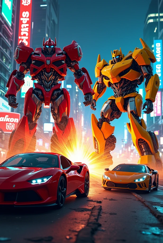 A fight scene in Bangkok between two Transformers robots, one modeled after a Ferrari and the other modeled after a Lamborghini. The collision creates rainbow sparks. Below, people are running for their lives.