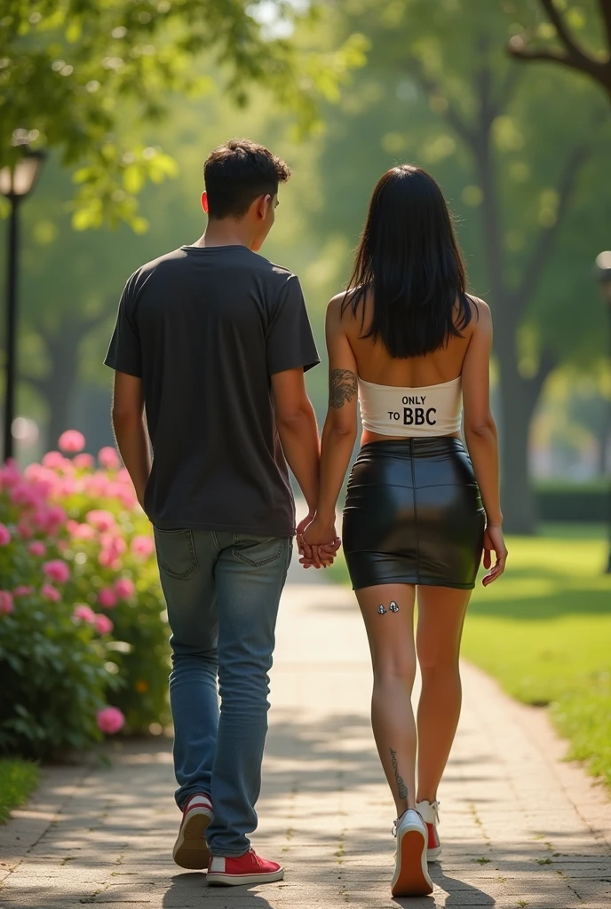 Magnificent detail, 8K Photos, hyper- realism, realistic background, visual depth, wide angle lens, professional light. front view {a couple of a beautiful 23 year old woman, brunette, Bblack hair, white-skinned, walking towards the photo, Holding hands with your boyfriend. She has a tattoo on her abdomen that says "Only to BBC" and another hotwife symbol tattoo (The spade suit is black and has a "q" white inside the symbol) na perna}. {She wears a leather mini skirt and a white strapless top.} {The spade suit is black and has a "q" white inside the symbol} {the woman has a beautiful curvy body, muscular legs, breasts small.} The setting is a public park.