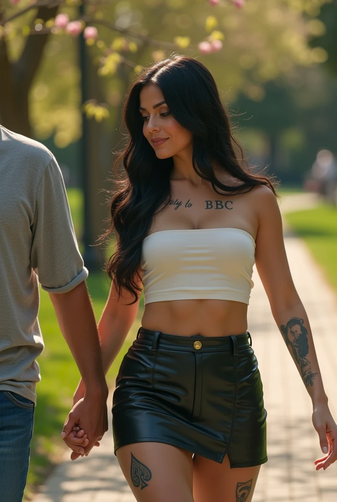 Magnificent detail, 8K Photos, hyper- realism, realistic background, visual depth, wide angle lens, professional light. front view {a couple of a beautiful 23 year old woman, brunette, Bblack hair, white-skinned, walking towards the photo, Holding hands with your boyfriend. She has a tattoo on her abdomen that says "Only to BBC" and another hotwife symbol tattoo (The spade suit is black and has a "q" white inside the symbol) na perna}. {She wears a leather mini skirt and a white strapless top.} {The spade suit is black and has a "q" white inside the symbol} {the woman has a beautiful curvy body, muscular legs, breasts small.} The setting is a public park.
