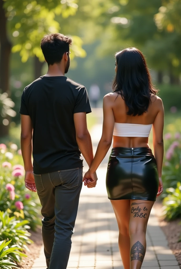 Magnificent detail, 8K Photos, hyper- realism, realistic background, visual depth, wide angle lens, professional light. front view {a couple of a beautiful 23 year old woman, brunette, Bblack hair, white-skinned, walking towards the photo, Holding hands with your boyfriend. She has a tattoo on her abdomen that says "Only to BBC" and another hotwife symbol tattoo (The spade suit is black and has a "q" white inside the symbol) na perna}. {She wears a leather mini skirt and a white strapless top.} {The spade suit is black and has a "q" white inside the symbol} {the woman has a beautiful curvy body, muscular legs, breasts small.} The setting is a public park.