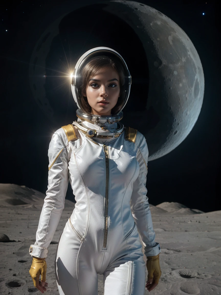 Gorgeous and sultry busty athletic (thin) astronaut with sharp facial features wearing a white space suit, opaque space helmet, gold visor, spacesuit, bodysuit, ray gun, jetpack, spaceship, 1960's, space, lunar surface, moon, earth rise, Earthrise, space, stars