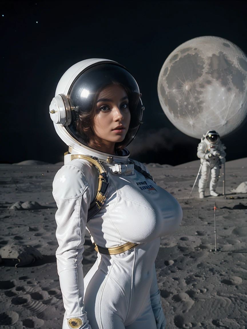 Gorgeous and sultry busty athletic (thin) astronaut with sharp facial features wearing a white space suit, opaque space helmet, gold visor, spacesuit, bodysuit, ray gun, jetpack, spaceship, 1960's, space, lunar surface, moon, earth rise, Earthrise, space, stars, American flag, huge boobs