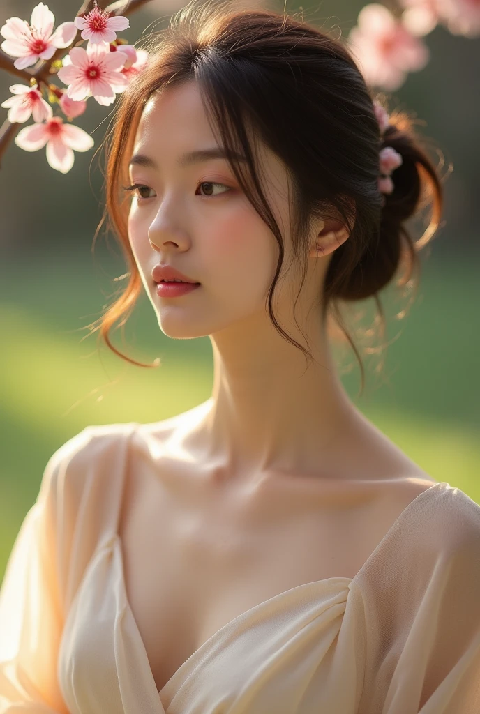 An elegantly dressed Japanese woman in natural light、A close-up of her chest and calm expression.、It shows her inner peace and outer charm.。