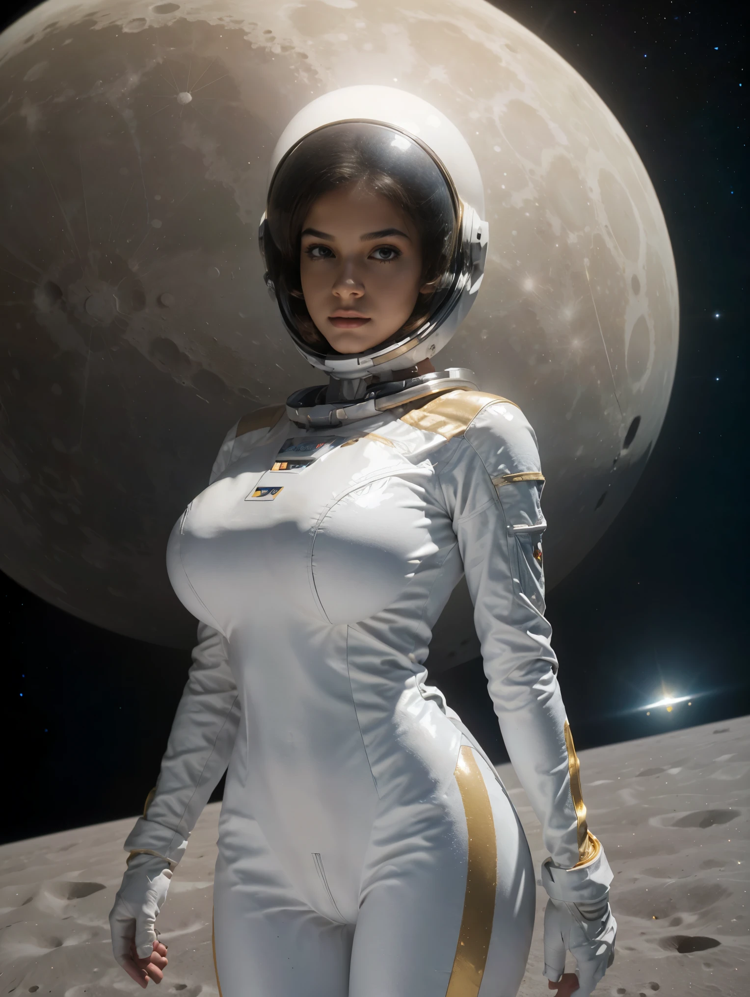 Gorgeous and sultry busty athletic (thin) astronaut with sharp facial features wearing a white space suit, opaque space helmet, gold visor, spacesuit, bodysuit, ray gun, jetpack, spaceship, 1960's, space, lunar surface, moon, earth rise, Earthrise, space, stars, American flag, huge boobs