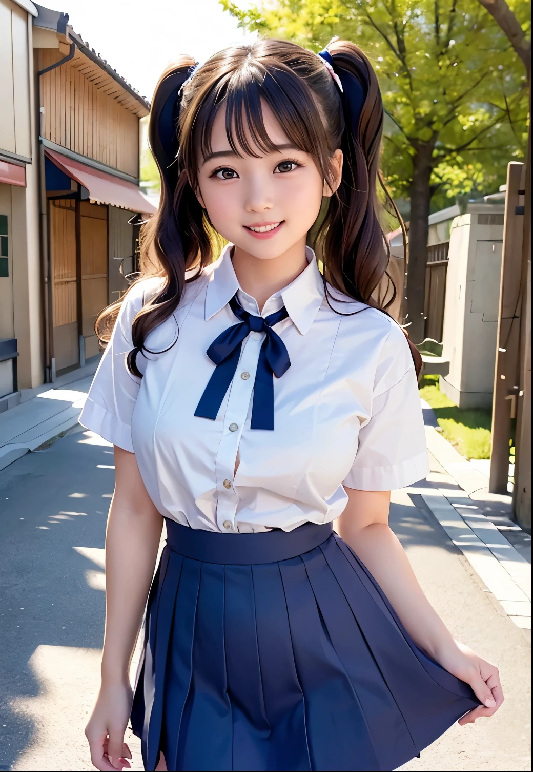 (Highest quality,masterpiece:1.3,Ultra-high resolution),(Very detailed、Caustics) (Realistic:1.4, RAW shooting、)Ultra-Realistic Capture、Very detailed、Natural skin texture、masterpiece、(A Japanese  girl wearing a white shirt and a navy blue micro mini skirt:1.3)、Adorable expression、Expressions of happiness、10 years old、heigby Face、Pure girl、Amazinglyn tail hairly Hair、Ribbon tie、Black Hair、Large Breasts、Shining thighs、Shining ass、Shooting on the main street of a tourist spot、Summer early morning、Background details、smile、An inviting gaze、(Anatomically correct)、Cowboy Shot、Attention to detail、