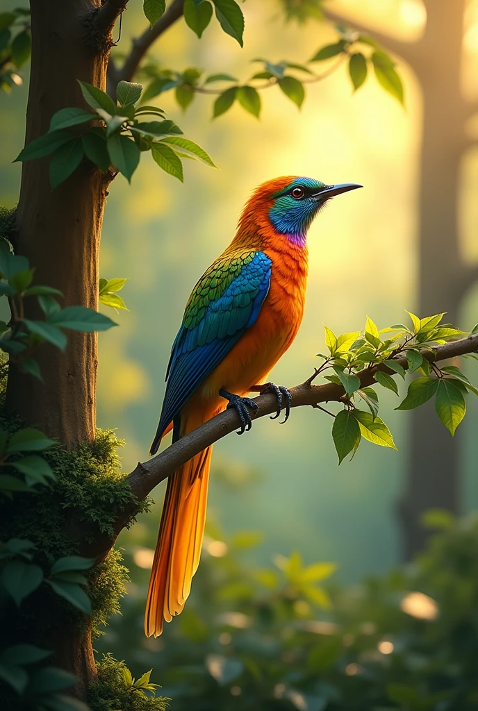 Here's the translation:
"A bird with feathers of different colors sings on a golden tree in the middle of the forest. As the bird sings, its feathers change color, and it transforms into a beautiful woman."