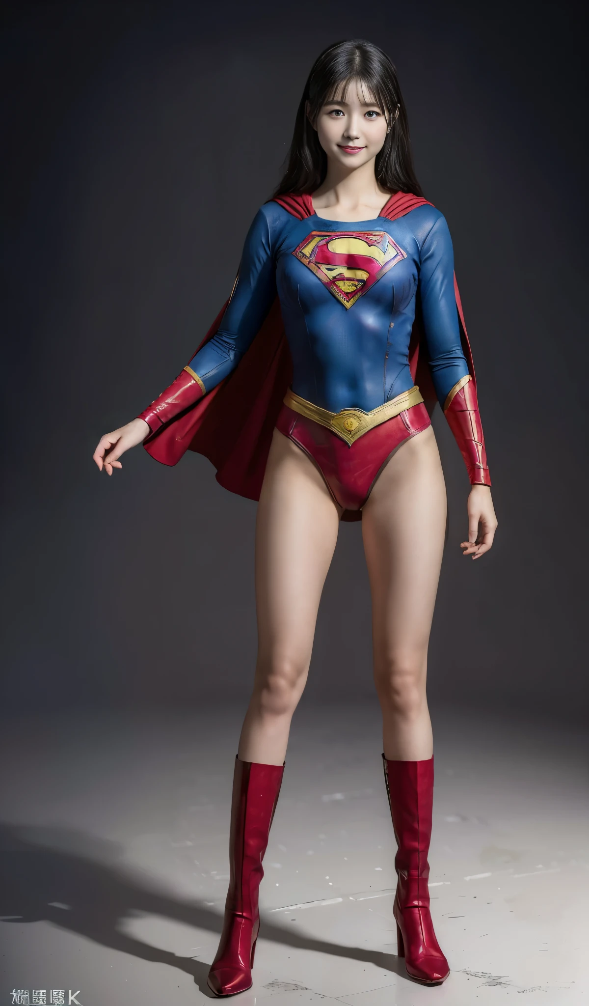No background、(((Beautiful legs in black tights.)))、(((Legally express the beauty of your smile)))、((((Make the most of your original images)))、(((Supergirl Costume)))、(((Beautiful Hair)))、(((suffering)))、(((Please wear black tights....、Wear red boots)))、((Best image quality、8k))、((Highest quality、8k、masterpiece:1.3))、(((Preserve background )))、Sharp focus:1.2、Beautiful woman with perfect figure:1.4、Slim Abs:1.2、Wet body:1.5、Highly detailed face and skin texture、8k