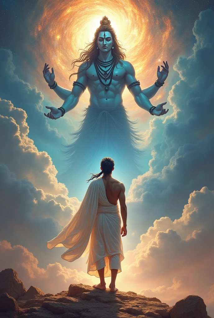Create the image of the magician Shantih by invoking a Pashupatastra with the following instructions:

#Character Name Shantih is a Sanskrit word used in religious and spiritual contexts, especially in Hinduism and Buddhism, to invoke or wish for peace and calm.

#Humble personality, ascetic and pacifist. Shantih hates killing and fighting, fame and glory do not interest him, but rather an eternal search for truth. Its central belief is that the beautiful and the good should not be replaced by the barbaric and the ugly.. The natural path of all things must be based on virtue.. Those who are evil and vicious have no place in the world..

#Appearance The wizard Shantih wears ordinary white clothing and a necklace with large beads. (japamala), closely resembling a Buddhist preacher. Furthermore, presents a third eye (bindi) and a great muscular build, which makes others mistake him for a martial artist. He's bald and doesn't have a beard.

Pashupatastra is an astra , a heavenly missile, affiliated with the Hindu deity Shiva , bem como Kali e Adi Parashakti , that can be triggered by the mind, through the eyes, by words or by a bow. Should never be used against lesser enemies or by lesser warriors. (humans), Pashupatastra is capable of destroying creation and defeating all beings. It is one of the six Mantramukta weapons that cannot be resisted..
It is the most powerful astra of Shiva, and the embodiment of his energy and power. When fired, a manifestation of Shiva appears in the sky with a thousand heads., thousand eyes, a thousand stomachs and a thousand feet. Possesses the absolute power capable of annihilating anything, including divine entities and universal creation itself. This weapon had to be obtained directly from Shiva.