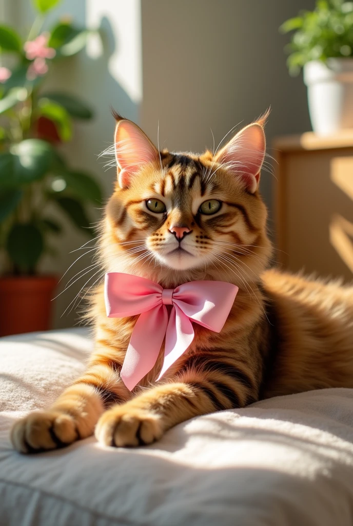 Cat with pink ribbon