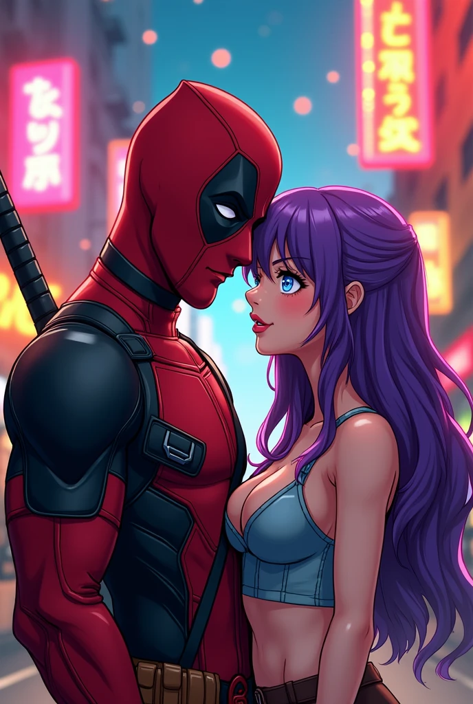 Deadpool in love and in funny poses looking at the camera in comic style next to a girl with purple hair and blue eyes in anime and comic poster style