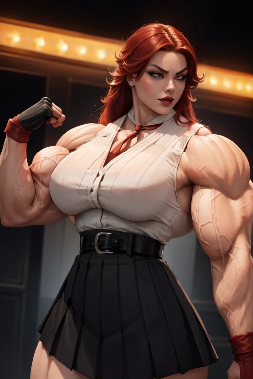 ((Close-up)), tall, (red hair) beautiful muscular asian woman, long hair, pale white skinned, large breast, closed smile, (black lipstick), (massive muscles), (hyper muscle), ((ginormous bulky muscles)), ((glowing yellow eyes)), (((sleeveless red pleated shirt))), (((black long pleated skirt with belt))), (fingerless gloves), necktie, thigh highs, in a dark rooftop, 