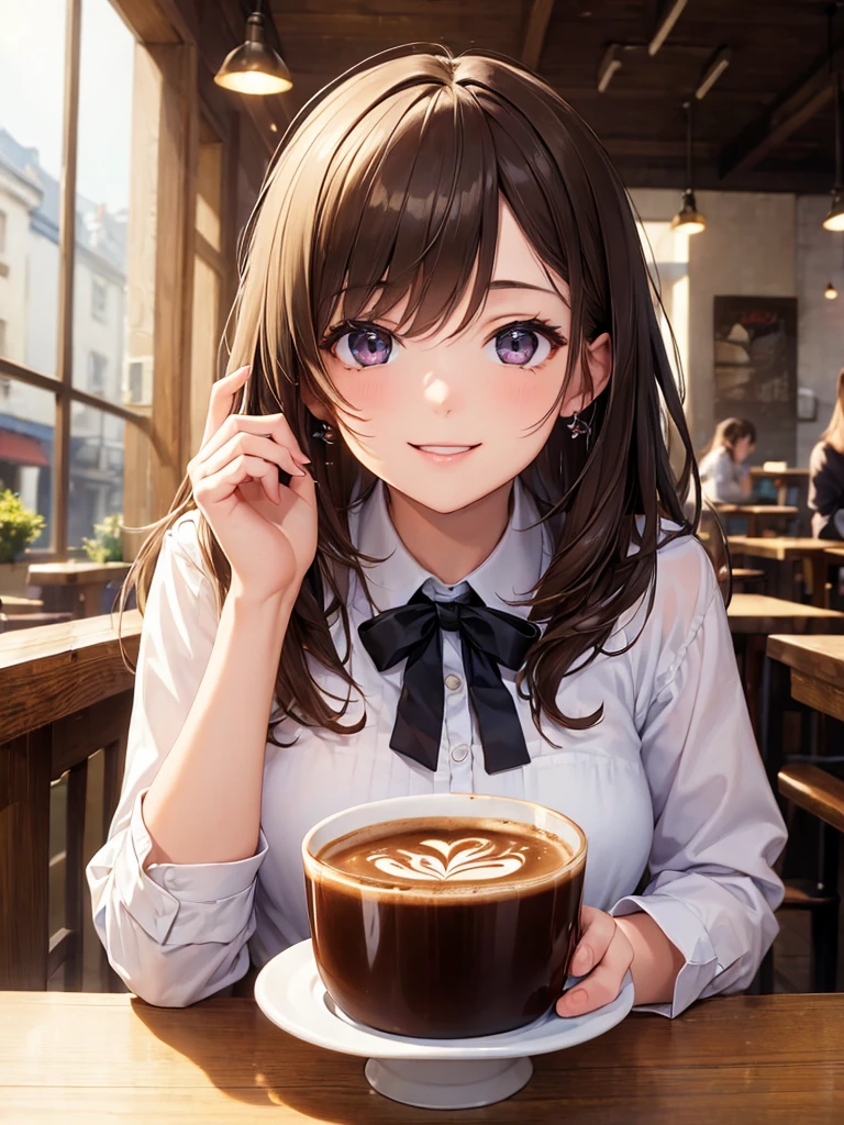 (masterpiece:1.5),(Beat quality),(high res),1girl solo,beautiful face,smile(shining eyes),upper body,light effects,Plainclothes woman,coffee,Cafe