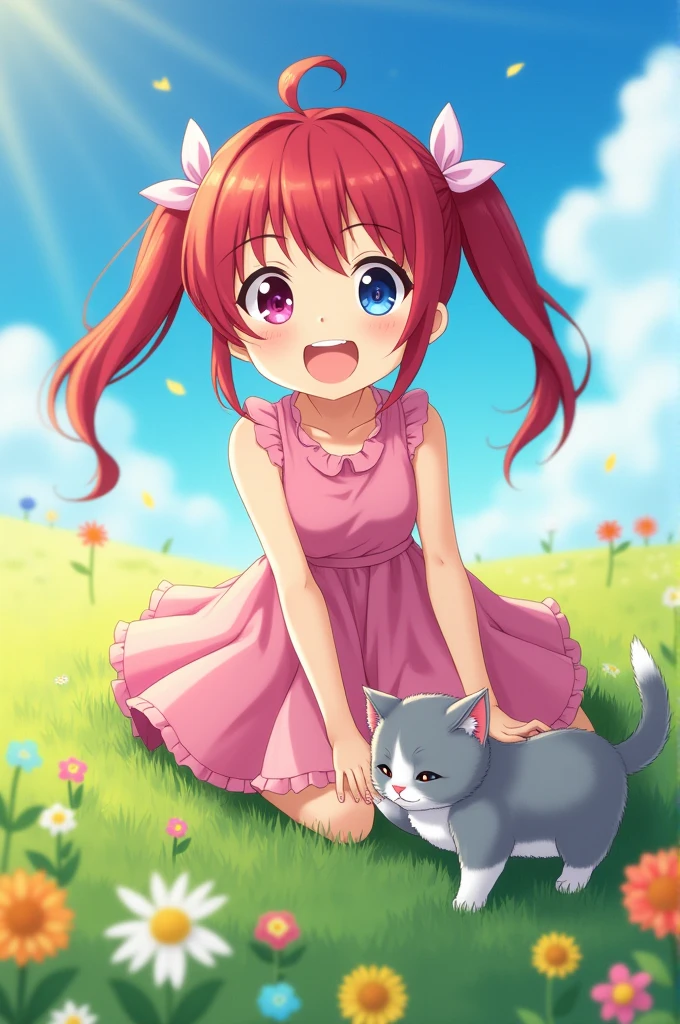 An anime drawing of a  with two pigtails . Her hair is red. She wears a pink dress.. Next to him is a grey kitten . They are in a green meadow.