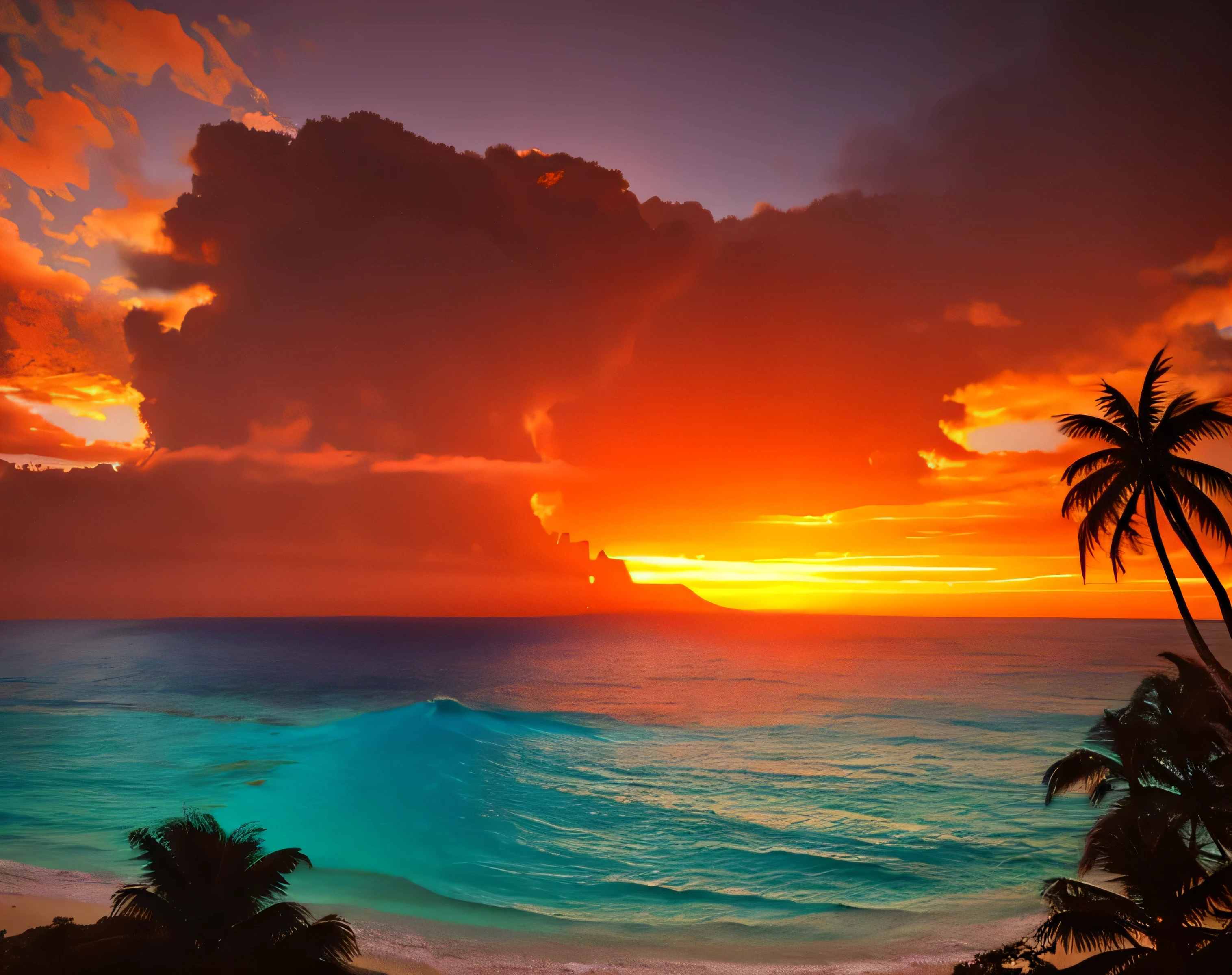 View toward a lush tropical island, calm waves on the beach, Palm tree, dense tropical forest on the hillside in the bacground. Dramatic red-orange sunset.
High Contrast, High saturation, Very detailed, high quality, masterpiece, Mysterious, Particle Effects, (Dust, Gust of wind:1.07), Volumetric Light, light, Goldsmith, Vibrant colors, Bokeh, Depth of written boundary.