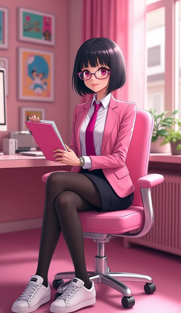 The young woman short black hair and pink eyes wear a pink suit, white shirt, magenta necktie, black pencil skirt, black underpants, black tights, black socks, adidas white sneakers.

She wear glasses and hold the pink file book, sit on the chair, smiled, office pink room, cartoon novel , anime, 4K, HD