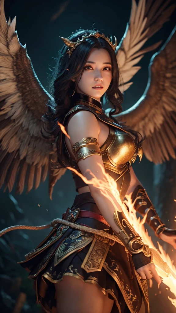 Close-up of a person on a rope with a bird, Elden Ringbosch, 非常に詳細なgoddessショット, Firing Monster, diablo 4 Lilith, Huge wings growing from the arms, From Software Games, Unreal Engine Rendering saint seiya, Elden Ring Cinematic Lighting, 巨大で見事なgoddessのショット, Unreal Engine Rendering + goddess, Lilith